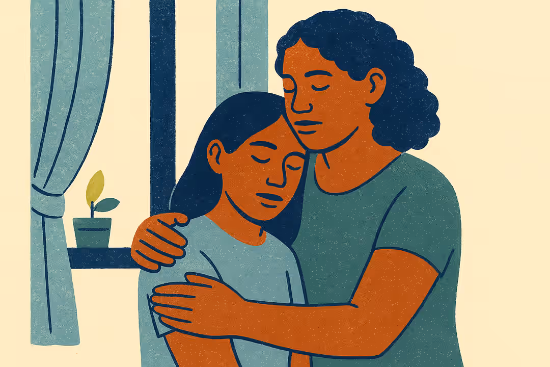 Ilustración: una madre abraza a su hija junto a una ventana