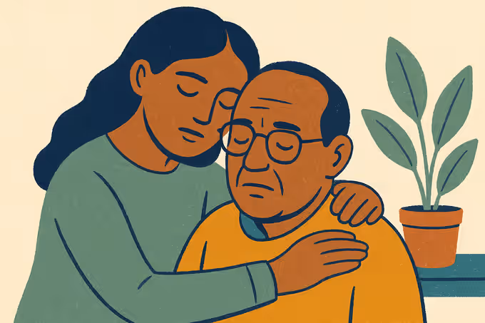 Ilustración: una mujer joven abraza y consuela a un hombre mayor