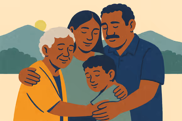 Ilustración: una familia se abraza con la cordillera de fondo