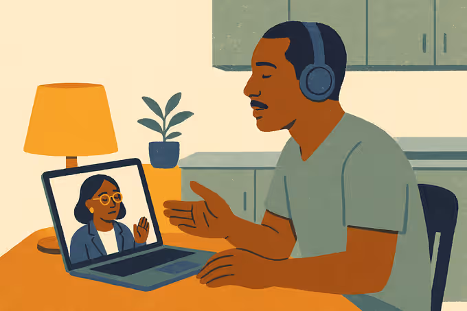 Ilustración: un hombre conversa uno a uno con su psicóloga en una sesión en línea