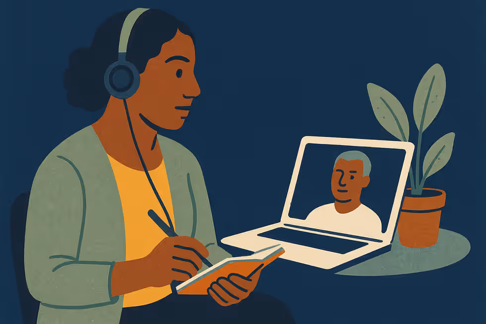 Ilustración: una psicóloga voluntaria atiende una sesión en línea con audífonos