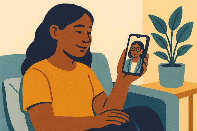 Ilustración: una joven conversa con su psicóloga por videollamada desde casa