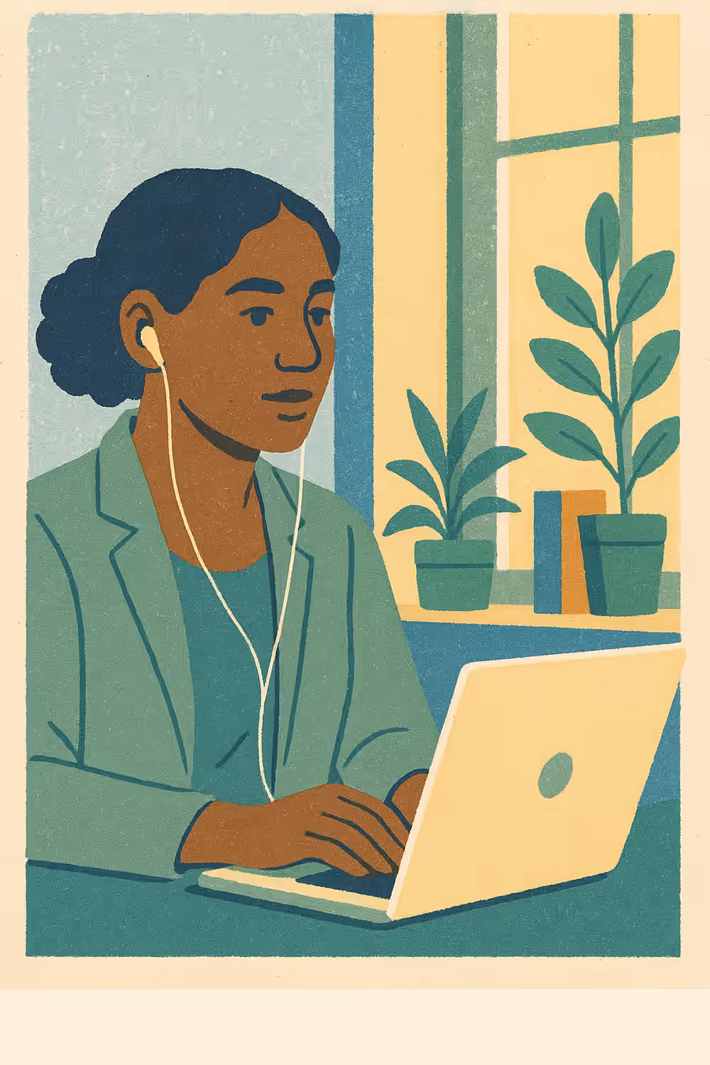 Ilustración: una psicóloga voluntaria, serena frente a su laptop, lista para escuchar